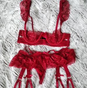 Ruffle sleeve 3 piece lingerie set with tutu garter belt and sheer lace bra
